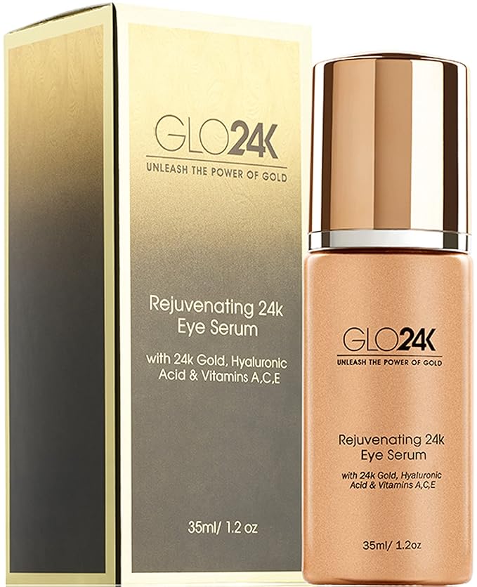 GLO24K Eye Serum with 24k Gold Hyaluronic Acid and Vitamins ACE. Potent Formula for the delicate skin around the eyes.