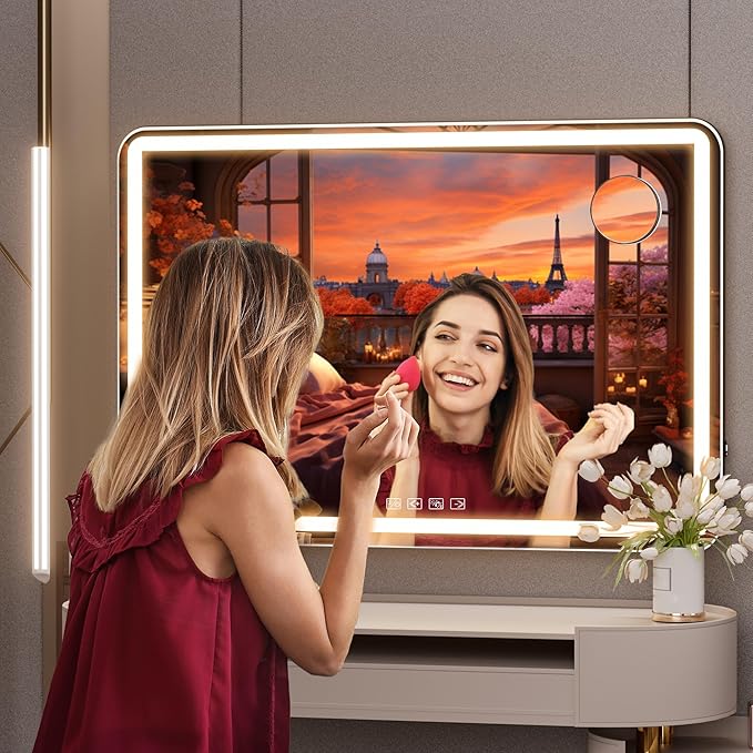 Hasipu Vanity Mirror with Lights and Bluetooth Speaker 32 x 21.7 LED Makeup Mirror Lighted Makeup Mirror with Dimmable 3 Modes USB Charging Port Round Black
