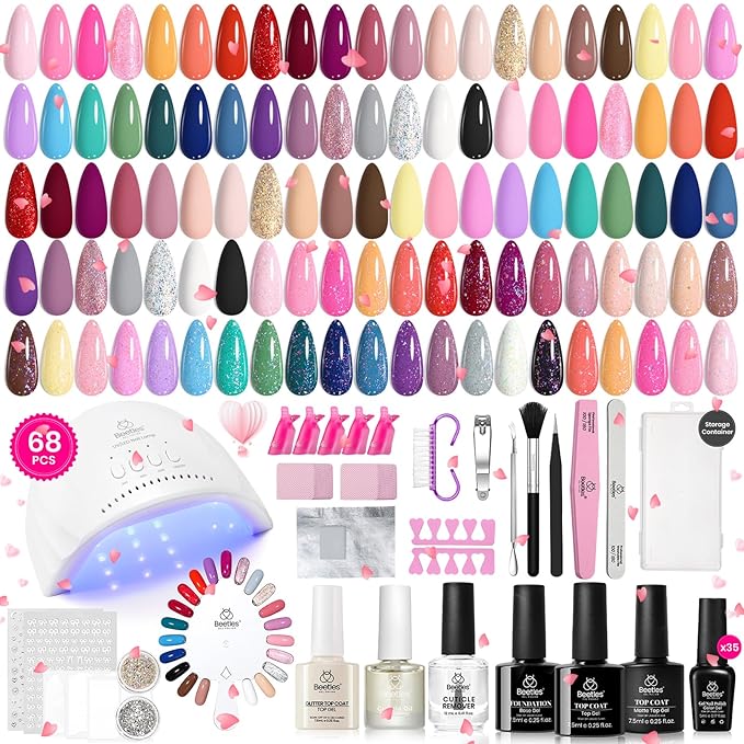Beetles Gel Nail Polish Kit with U V Light - 68 Pcs 35 Colors Pink Glitter Nude Gel Polish Set Vivid Seasons with Base Matte&ampGlossy Top Coat Home DIY Nail Stuff Art Set Gifts for Women Teens Girls