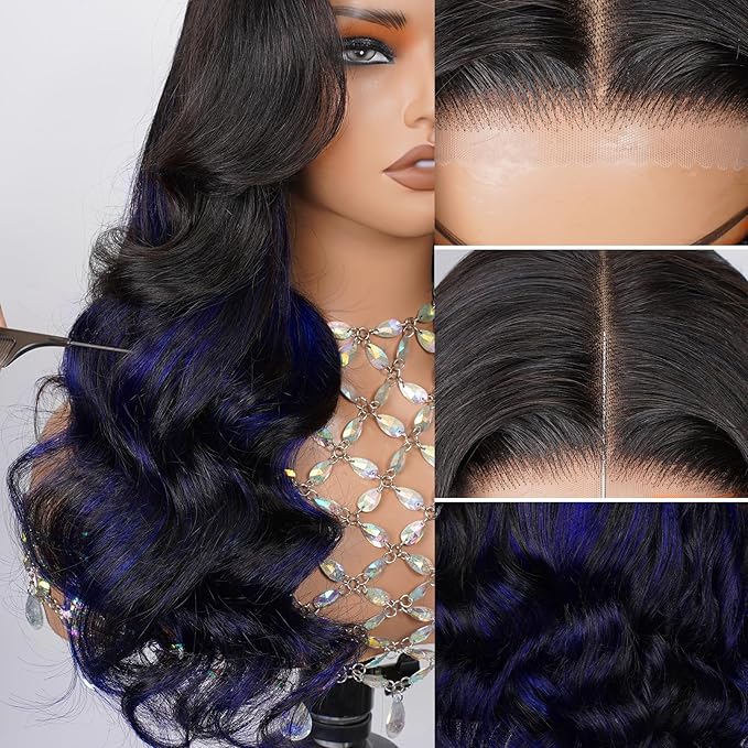 5x5 Black and Blue Colored Lace Front Wig Human Hair Highlight Dark Blue Body Wave Human Hair Lace Wig 180% Density Glueless Wig Pre Cut Ombre Blue Skunk Stripe wigs for Women Pre Plucked (18 inch)
