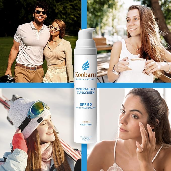 Mineral Face Sunscreen SPF 50 Tinted Aussie Zinc Oxide Sunblock with Hydrating Hyaluronic Acid Reef Safe Natural Vegan Australian Made 80min Water Resistant Unscented 100g 3.4oz