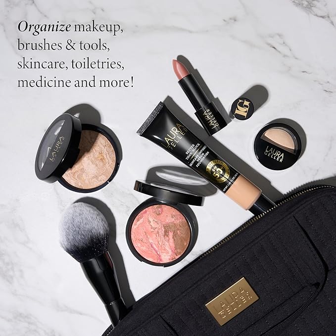 LAURA GELLER NEW YORK Quilted Folding Travel Makeup Bag Black - Hanging Toiletry Bag Organizer for Travel - Large Capacity Full Size Makeup Bag - Easy to Clean