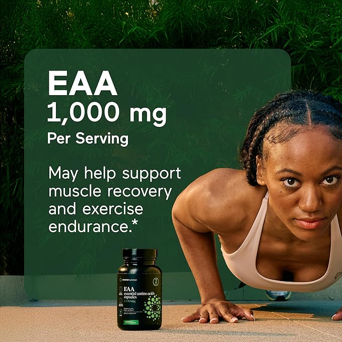 SMARTERNUTRITION Essential Amino Acids (EAA) Capsules - 1 Gram Per Serving of All 9 EAAs - Supports Muscle Mass &amp Exercise - Non-GMO Vegan Gluten Free - 180 Count[90-Day Supply]