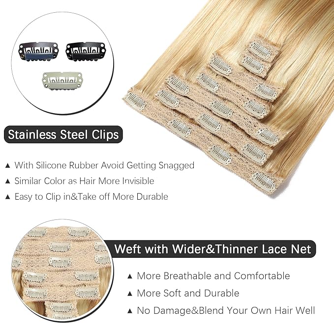 Clip in Hair Extensions Real Human Hair - 24 Inch 7pcs Dirty Blonde to Bleach Blonde Highlight Color - Soft Human Hair Clip in Extensions Straight for Women (24 Inch)