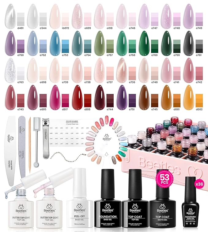 Beetles Jelly Gel Nail Polish Set 53PCS 36 Colors Jelly Pink Milky White Red Black Blue Green Silver Cat Eye Base Glitter Glossy Matte Top Coat Crystal Ice Collection French Nails Gift for Women