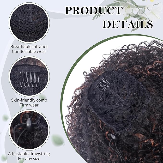 27 Inch Drawstring Ponytail Extension for Black Women Deep Curly Ponytail Extension Synthetic Mixed with Human Hair Hairpieces Afro Kinky Curly Pony Tail for Daily Use (Brown Highlight)