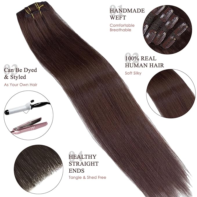 8PCS 120G Chocolate Brown Clip in Natural Soft Hair Extensions Real Human Hair(18 Inch #4)