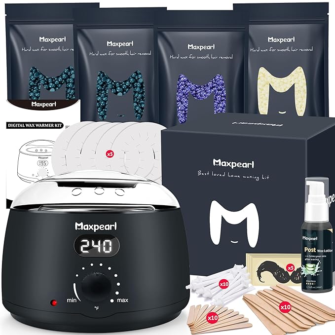Maxpearl Digital Waxing Kit - Women Men Hard Wax Melt Warmer Kit for Hair Removal - Sensitive Skin Eyebrows Face Underarms Brazilian Bikini Legs