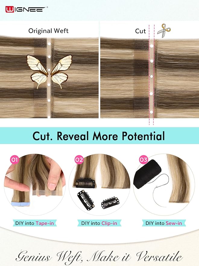 WIGNEE OVO Double Butterfly Hair Extensions Human Hair 2 PCS Real Human Hair Beaded Weft Hair Extensions Human Hair Blonde Color (613)