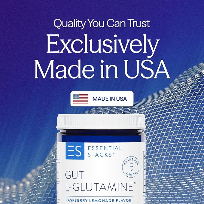 Essential Stacks Gut L-Glutamine Powder - Exclusively Made in USA - Pure L Glutamine Powder for Gut Health (50 Servings Raspberry Lemonade)