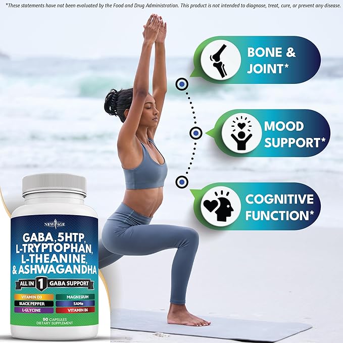 NEW AGE GABA 750mg 5 HTP 200mg L Tryptophan 500mg L Theanine 200mg Ashwagandha SAM-e L-Glycine - Vitamins for Women and Men with 5-HTP (5-Hydroxytryptophan) - 270 Count