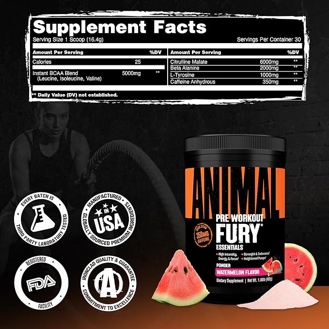 Animal Fury Pre Workout Powder Supplement for Energy and Focus 5g BCAA 350mg Caffeine Nitric Oxide Without Creatine Powerful Stimulant for Bodybuilders Watermelon