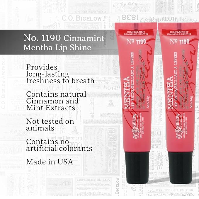 C.O. Bigelow Cinnamint Mentha Lip Shine Balm Tubes Pack of 3 Bulk Lip Gloss with Cinnamon &amp Peppermint Oil High Gloss Shine Finish 0.5 oz