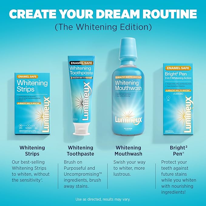 Lumineux Teeth Whitening Kit Peroxide Free for Whiter Teeth Includes 7 Whitening Treatments 1 Mouthwash 1 Toothpaste &amp 1 Bamboo Toothbrush Dentist Formulated