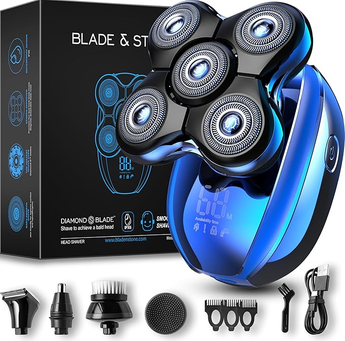 Blade &amp Stone® Head Shaver for Men HS505-BB | Diamond-S-Blade® | MIMO Net Technology for Superior Skin Comfort | 8500 RPM Durable Motor USB-C Rechargeable - Big Blue