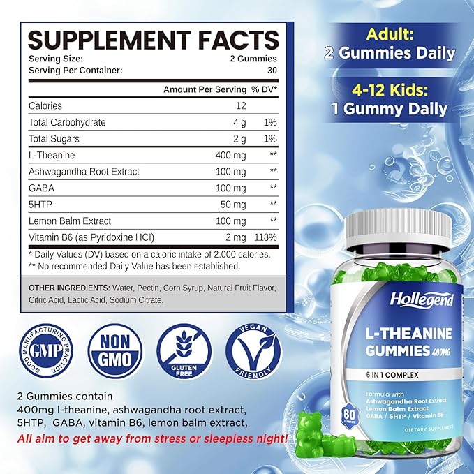 L-Theanine Gummies l'theanine 400mg with Ashwagandha GABA 5HTPL-Theanine Chewable Supplement for Relax Zzz &amp Focus Support Vegan Lemon Flavor 120 Counts