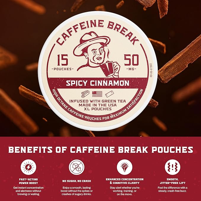ALP Supply Co - Caffeine Break Spicy Cinnamon Caffeine Pouches - Smooth Spicy Cinnamon Flavor - Clean Bold Energy Anytime - Made in USA - 50mg per pouch - 15 Pouches