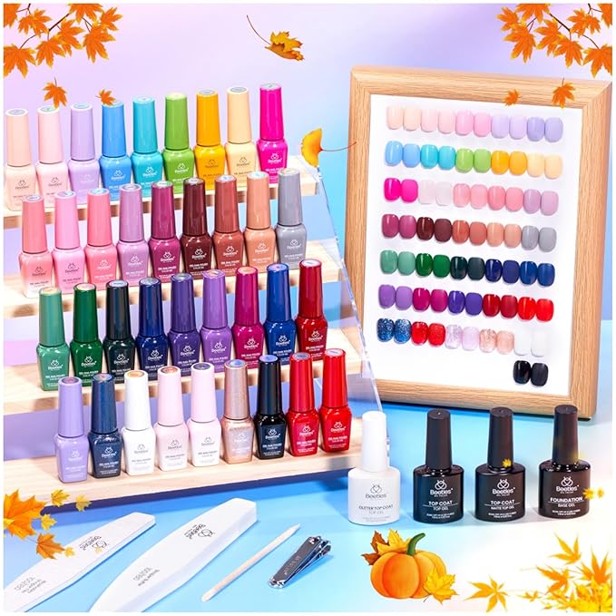 beetles Gel Polish Shifting Lights - Fall Gel Nail Polish Set Brown Burgundy Red Black White Green Purple Glitter 36 Colors with Base Coat Glossy Matte Glitter Top Coat UV LED Soak Off Gift for Women