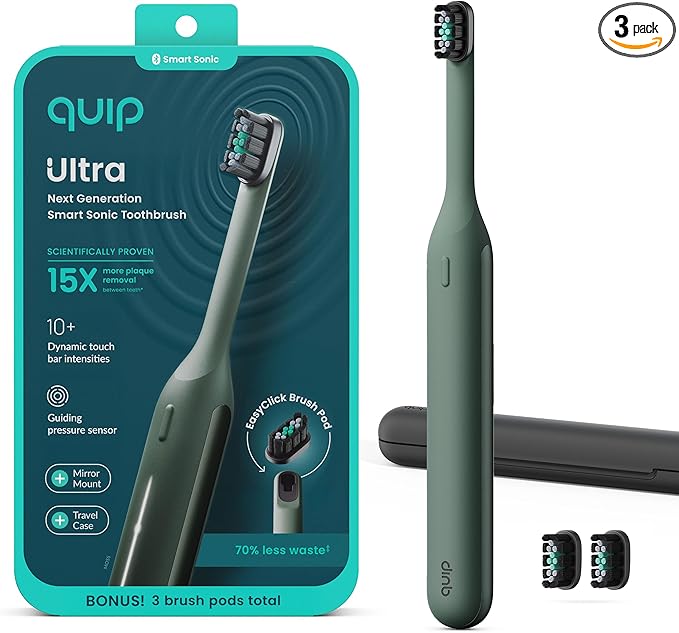 Quip Ultra Next Generation Smart Sonic Toothbrush - Timed Electric Toothbrush for Adults - Replaceable Brush Head Soft Bristles Silicone Handle 30-Day Battery Life Travel Case - Moss Green