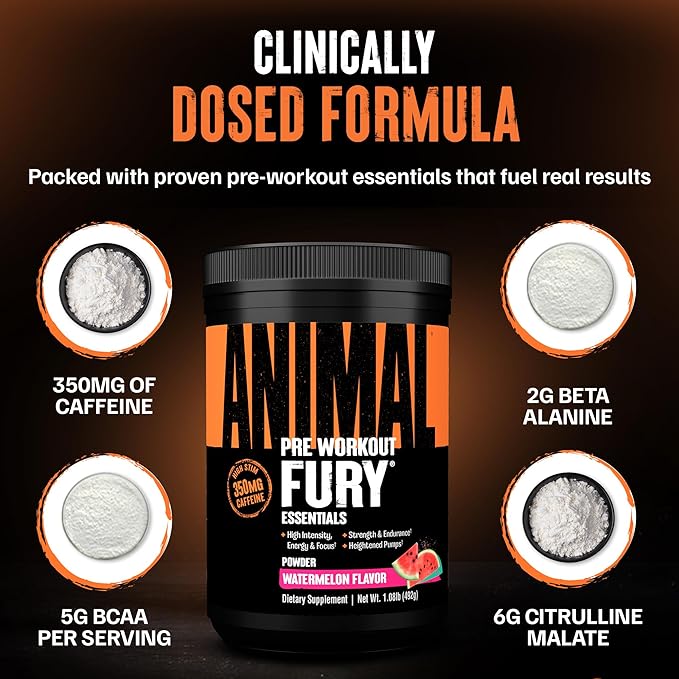 Animal Fury Pre Workout Powder Supplement for Energy and Focus 5g BCAA 350mg Caffeine Nitric Oxide Without Creatine Powerful Stimulant for Bodybuilders Watermelon