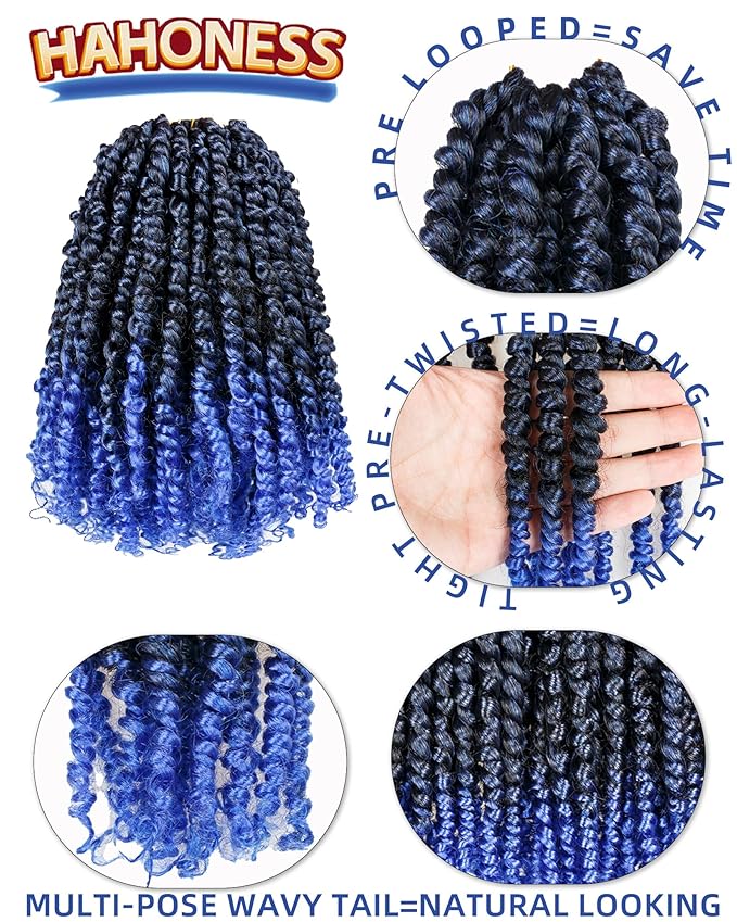 10 Inch 8 Packs Pre Looped Passion Twist Crochet Hair for Black Women and Kids-Ombre Blue Super Soft Bouncy Synthetic Braided Hair Extensions(10 Inch-8 PacksT1B/Blue)