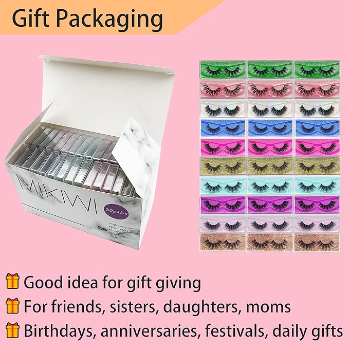 Lashes Bulk Christmas Gifts Mikiwi 30 Pack Eyelashes 12-20mm 5D Fake Mink Eyelashes Wholesale Fluffy Natural Volume Eye Lashes Individual Package Faux Mink Lashes Wholesale