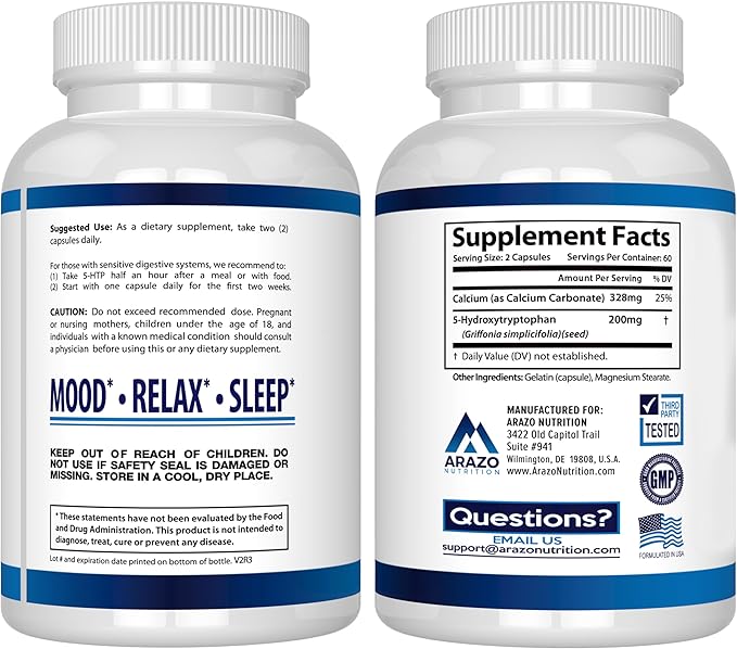 5-HTP 200 MG Plus Calcium for Mood Sleep ? Supports Calm and Relaxed Mood ? 99% High Purity ? 120 Capsules ? Arazo Nutrition