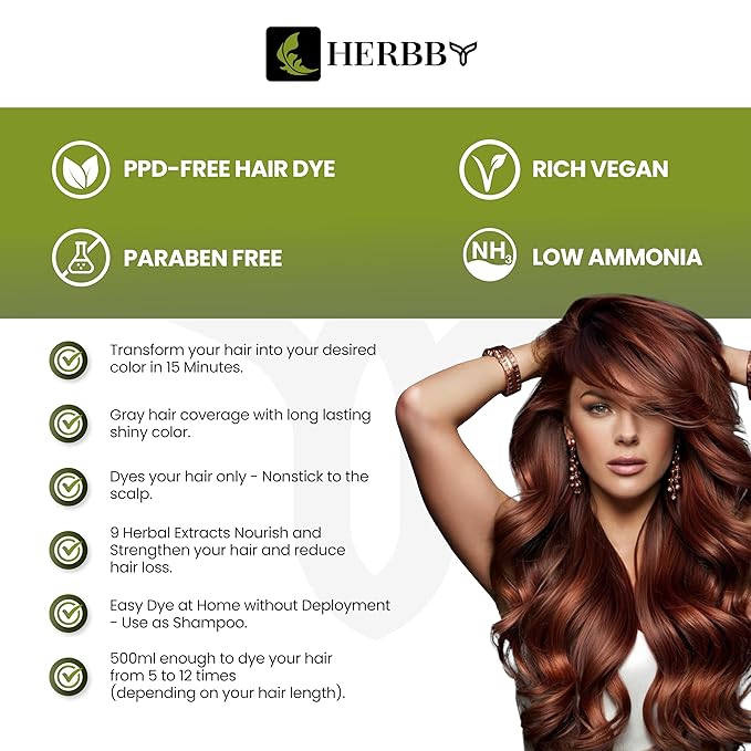 HERBBY Hair Color Shampoo for Gray Hair Coverage&ampColor Transform with 9 Herbal Extracts ?Long Lasting(6-8 Weeks)ShinyEvenly ColoredInstant Hair Dye Shampoo&ampConditioner500 Ml (AUBURN BROWN