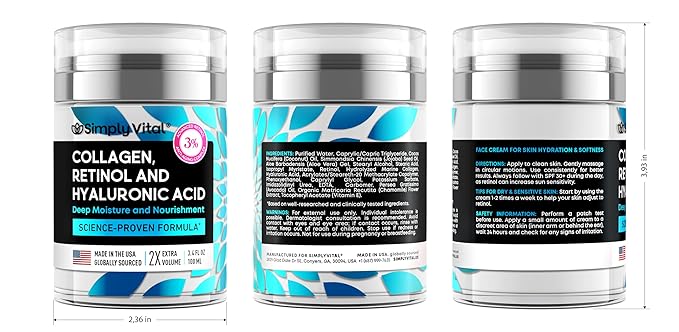 SimplyVital Collagen Retinol &amp Hyaluronic Acid Cream - Anti-Aging Retinol Cream for Face Neck &amp D?collet? - Made in USA - Daily Moisturizer Face Cream - 3.38 fl oz