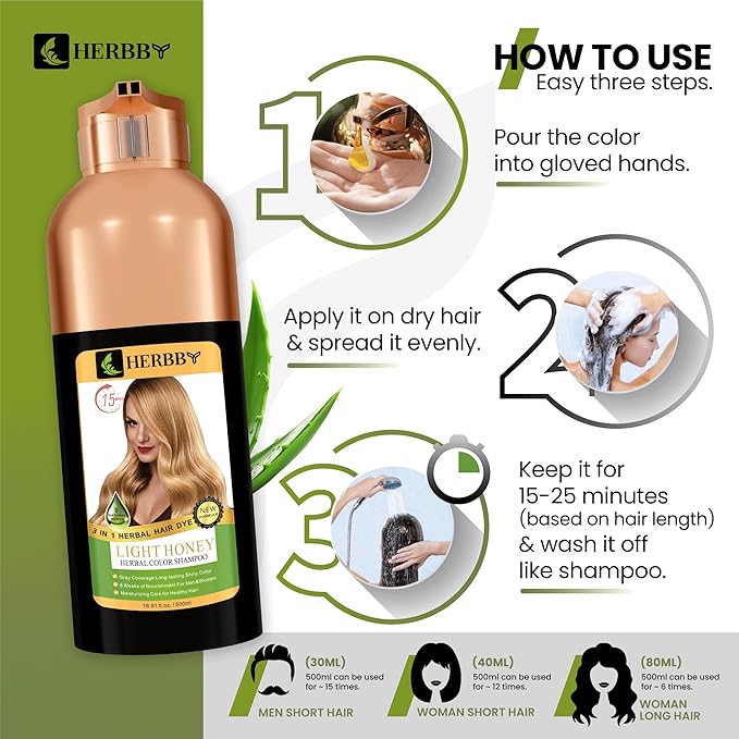 HERBBY Hair Color Shampoo for Gray Hair Coverage&ampColor Transform with 9 Herbal Extracts ?Long Lasting(6-8 Weeks)ShinyEvenly ColoredInstant Hair Dye Shampoo&ampConditioner 500 Ml (LIGHT HONEY