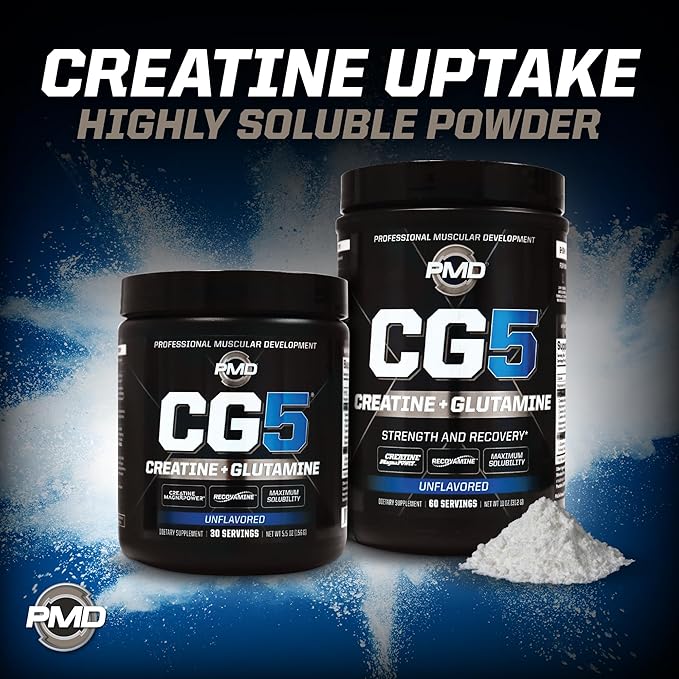 PMD Sports CG5 Premium Creatine &amp L Glutamine Powder Power Recovery Build Lean Muscle Increase Workout Performance Maximum Strength Pre Workout &amp Post Workout Unflavored 60 Servings