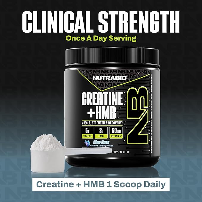 NutraBio Creatine + HMB- Creatine Monohydrate with HMB Powder for Muscle Growth Increased Strength- 30 Servings (Blue Razz)