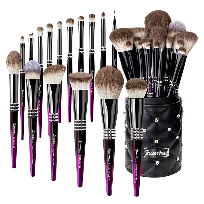 Bueart Design 16PCS Ultra Soft Makeup Brushes Sets with HolderProfessional Make up Brushes with Diamond(Purple-Black Gradient &amp Holder)