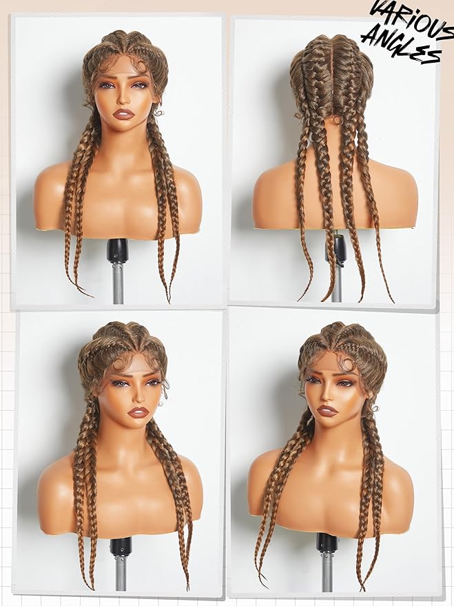 GORGIUS Brown Highlight Box Braid Wigs Pre Plucked Pre Braided Synthetic Lace Front Wig Handmade 4 Twisted Cornrow Braiding Wig For Women