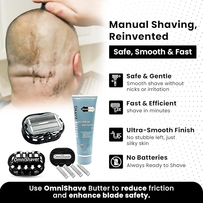 Premium Omnishaver Kit - The Fastest Way to Shave Head Legs Arms Body | An Alternative to Disposable Shaving Razors Self Cleans &amp Strops During Use with Shave Butter &amp Replacement Cartridge