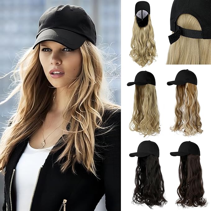 Baseball Hat WigHat with Hair attached 24'' Adjustable Black Cap with Long Wavy Synthetic Hair Extensions for Women Girls(Ash Blonde)