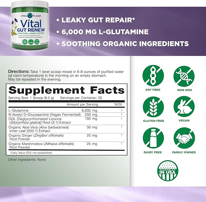 Vital Planet - Vital Gut Renew Powder Supplement for Leaky Gut Repair with L-Glutamine Marshmallow and Ginger Root DGL Licorice Root and Organic Aloe Vera L Glutamine 6000mg 6.88 oz