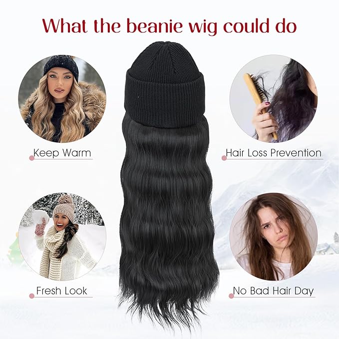 S-noilite Beanie Wig Hair Extensions18 Inch Long Wavy Hair Extensions with Knitted Hat Hairpieces for Women Winter Medium Brown with Dark Blonde