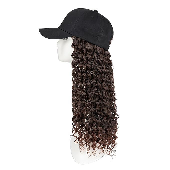 TESS Black Baseball Cap with 20'' Long Coily Synthetic Hair Extensions for Women and Girls - Adjustable &amp Breathable Wig Cap for Daily Use Outdoor Activities