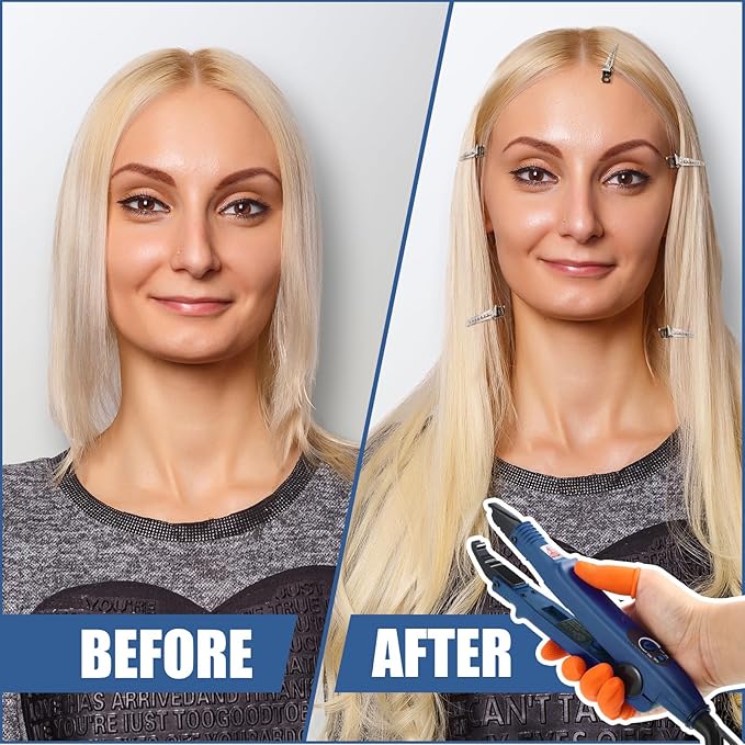 Hair Extensions Iron Fusion Keratin Hair Extensions Heat Tool Heat Connector Wand with Fusion Glue Protector Template Hair Clip Finger Protector 2 Bag Keratin Glue Granule Bead(Blue)