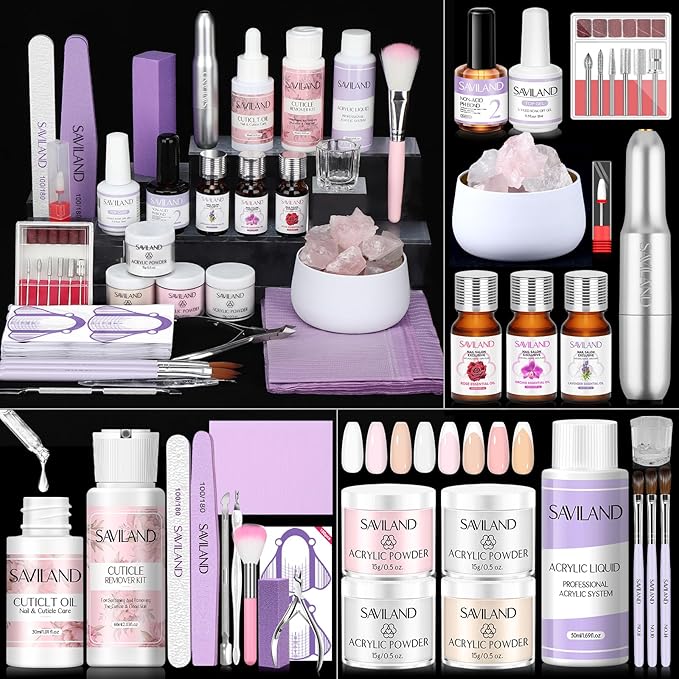SAVILAND Acrylic Nail Kit with Drill: Professional Acrylic Nail Set with Powder Liquid Brush Cuticle Remover &amp Oil Essentials Tools for Beginners ? DIY Manicure Kit for Home or Salon Use