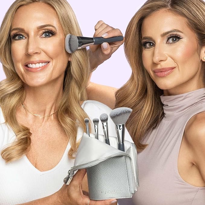 BK BEAUTY BRUSHES - ANGIE HOT &amp FLASHY Travel Brush Set with Pouch - Foundation Makeup Brushes - Brush for Liquid or Cream Foundations - Under-Eye Concealer | Bronzer Blush &amp Highlighter Make