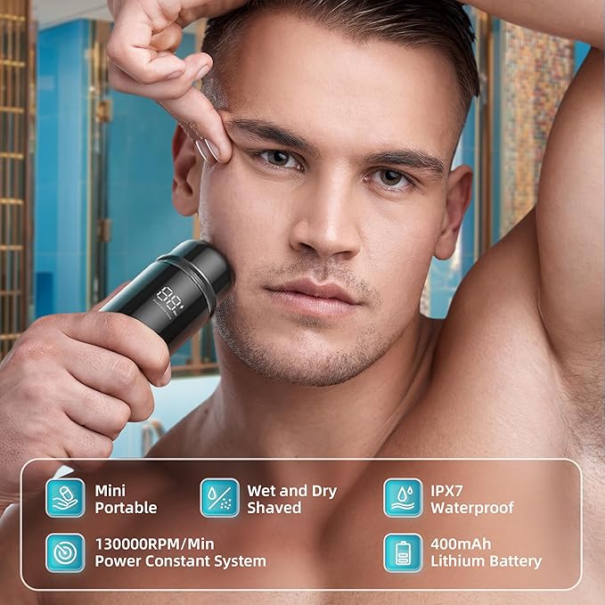 Mini Portable Electric Shaver13000 RPM Powerful &amp SilentIPX7 WaterproofType-C Fast Charging Automatic Induction Travel Razor for Men/Women (Black)