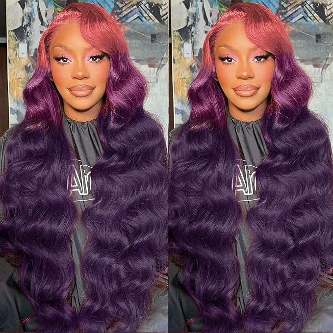 Dark Purple Ombre 13x4 HD Lace Front Wigs Human Hair Body Wave 3 Tone Pink to Purple Glueless Wigs Pink Root Rainbow Colored 180% Density 28 Inch