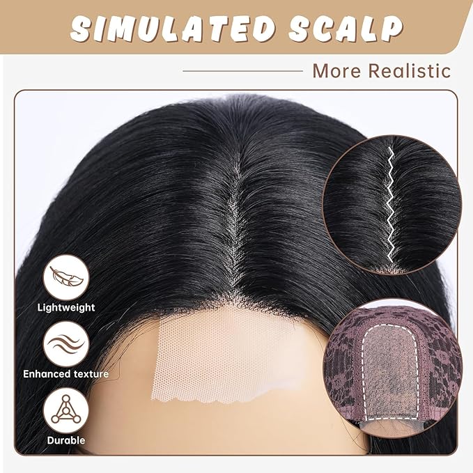 Medium Length Black Wavy Wigs for Women 18 Inch Middle Part Wavy 1B Wig Natural Looking Synthetic Heat Resistant Fiber Wig for Daily Party Halloween (18 inch)