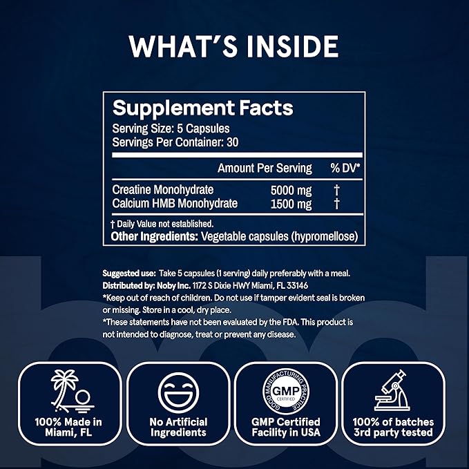 BOD Creatine HMB Capsules Creatine Monohydrate Powder with HMB for Muscle Growth Increased Strength Energy and Performance - No Bloat No Load Unflavored Vegan 150 Capsules 30 SVG