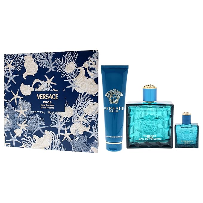 Versace Eros by Versace for Men - 3 Pc Gift Set 3.4oz EDT Spray 0.17oz EDT Spray Vial (Mini) 5oz Shower Gel