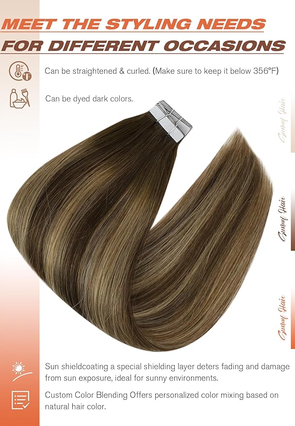 Sunny Hair Tape in Extensions for Women Real Hair 24 inch 100g Tape in Hair Extensions Human Hair Dark Brown Balayage Caramel Blonde Hair Extensions Tape in 40Pcs