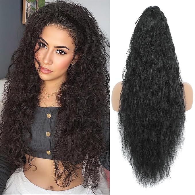 Claw Clip in Ponytail Extension 30 Inch Long Wave Curly Pony Tail Hair Extensions for Women fluffy Natural Looking Synthetic Hairpiece for Daily Use(Black 30Inch)