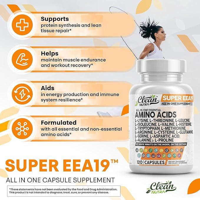 Clean Nutraceuticals Amino Acids Supplement L-Lysine L-Threonine L-Leucine Isoleucine Valine L-Histidine L-Tryptophan L-Methionine L-Arginine L-Cysteine L-Glutamine L-Serine Aspartic Acid
